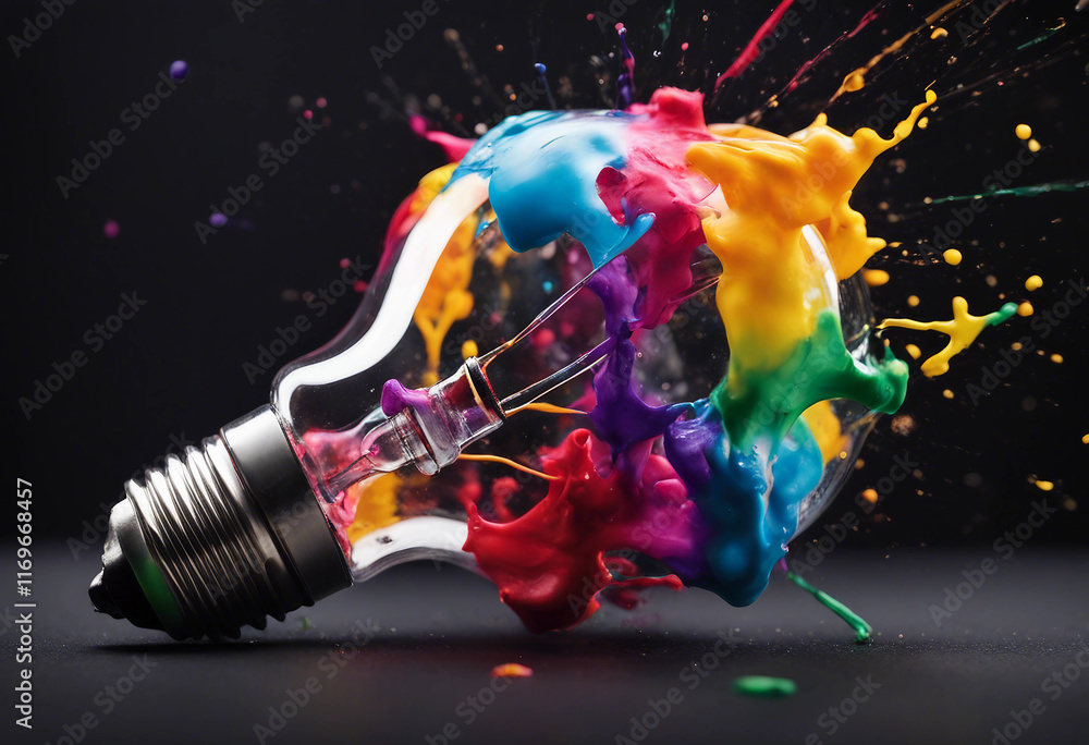 Poster creative light bulb explodes with colorful paint and splashes on a black background think differentl