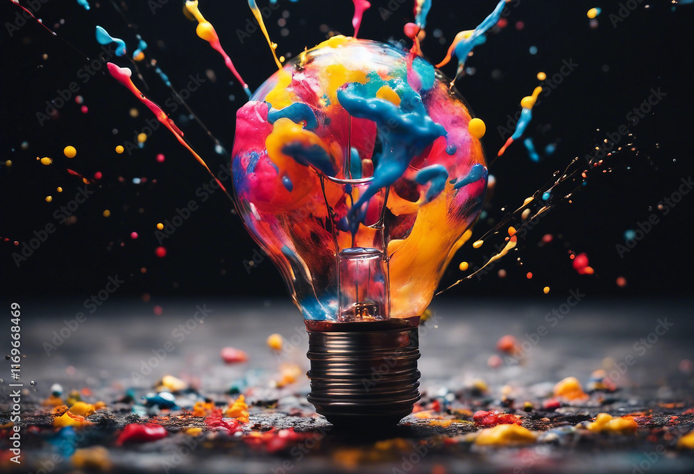 Poster creative light bulb explodes with colorful paint and splashes on a black background think differentl