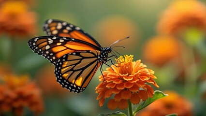 Obraz premium Monarch Butterfly on Orange Zinnia Flower in Garden