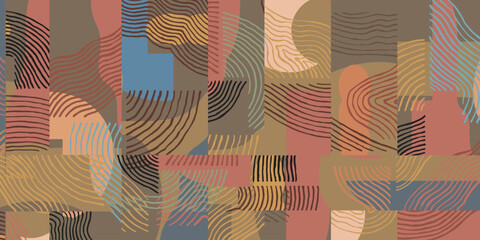 Crafted hand drawn brush line abstract collage pattern, Japanese and ethnic inspired tribal wood carving, wood block, engraving textured, minimal folk style graphic for carpet, textile