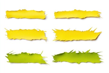Green shredded paper strips feature jagged edges against a clean white background, adding texture