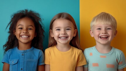 Joyful Children Smiling Together in Front of Bright Colorful Background, Showcasing Diversity and Happiness in Friendship and Playful Moments
