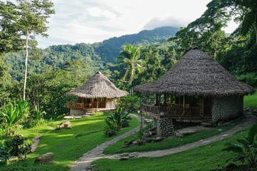 Two thatched huts, stone bases, lush green landscape.