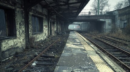 Abandoned Train Station with Overgrown Tracks in a Gloomy Setting