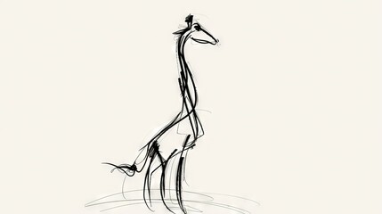   A black-and-white illustration of a tall giraffe wading through water with its elongated neck outstretched