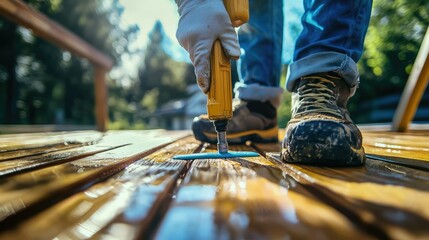 Worker Applying Stain to Wooden Deck with Power Tool in Sunlight