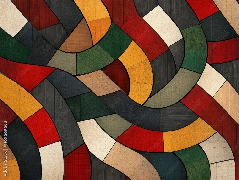 Poster abstract colorful geometric background with curved lines and shapes in earth tones and bold hues for