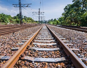 Naklejka premium old railroad with rusty iron rails, creating a vintage atmosphere