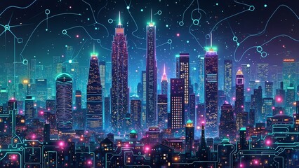 Fototapeta premium Cyberpunk Cityscape Neon Lights Futuristic Skyline Digital Art