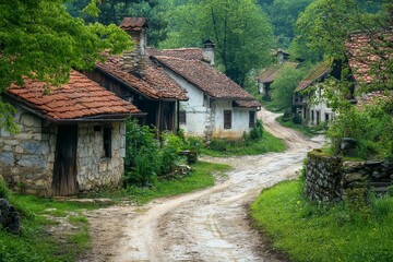 Stone houses, tiled roofs, verdant valley, dirt road.