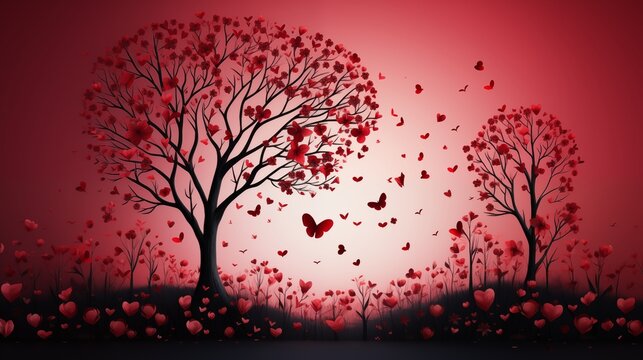 Romantic Red Heart Trees with Butterflies, Valentine's Day