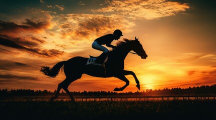 Silhouette of Horse and Rider Galloping at Sunset Over Horizon