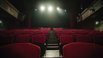 Fototapeta premium Empty Theater Seats with Spotlight Beaming on Stage Area