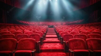 Empty theater with red velvet seats and spotlight beams above stage