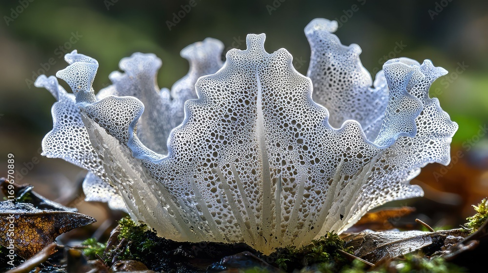 Poster intricate lace-patterned fungus displaying unique texture and shape