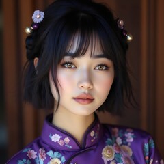 Fototapeta premium Una persona con un atuendo tradicional adornado con bordados florales intrincados, predominando los tonos púrpura y detalles en colores como rosa, azul y amarillo. El cabello corto y oscuro de la pers