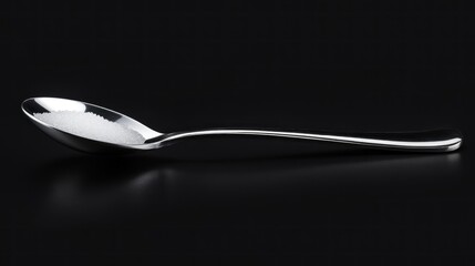 Close-up of a silver spoon filled with white powder against a black background.