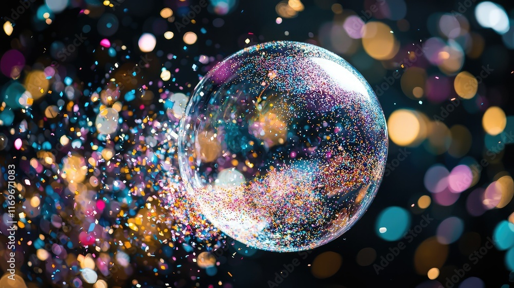 Poster Sparkling Soap Bubble with Colorful Glitter and Bokeh Background