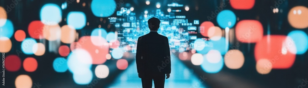 Poster businessman in dark environment gazing at colorful abstract data visualization with bright bokeh lig