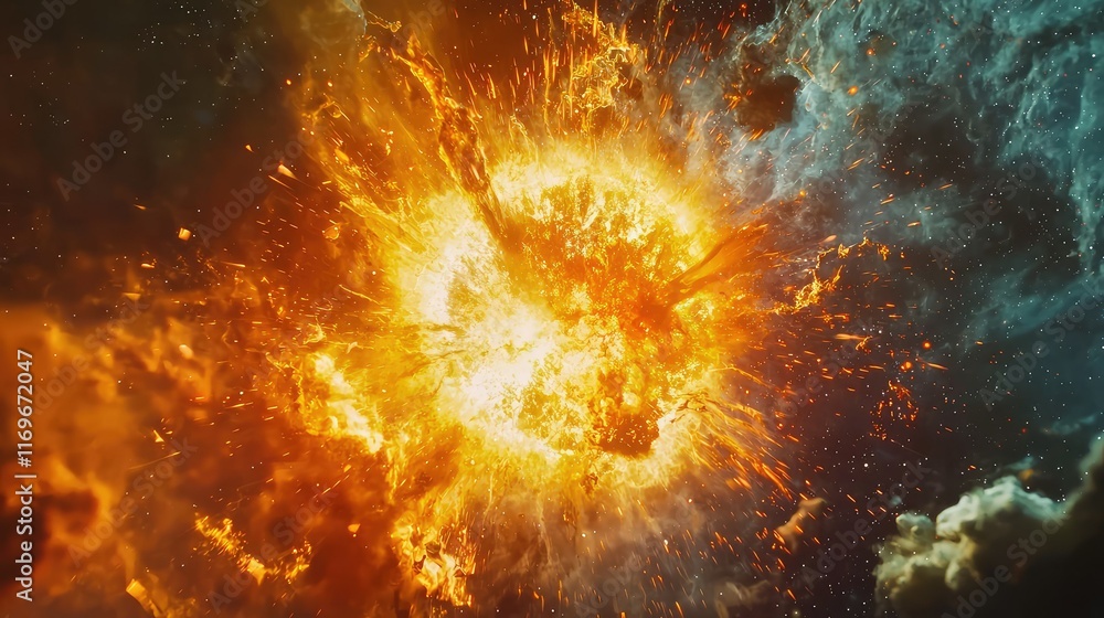 Aufkleber dynamic explosion in colorful space with fiery particles and light