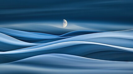   A painting depicts waves, a half moon in the background, and blue skies with clouds in the foreground