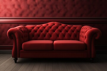 Red velvet sofa features elegant tufting and wooden legs in a stylish interior decor environment