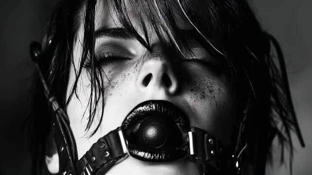 BDSM games, girl with gag in mouth, wearing leather collar and chain on neck, domination role playing games and fetish