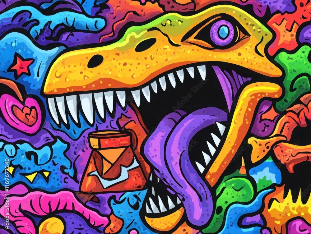 Poster vibrant and colorful illustration of a cartoon dinosaur with expressive features surrounded by abstr
