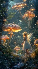 Enchanted Fairy in Iridescent Mushroom Forest at Twilight