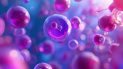 Vibrant Abstract Illustration of Purple and Blue Microbial Cells Under a Soft Light with a Dreamy Background, Creating an Enigmatic and Modern Aesthetic