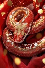 Obraz premium A red snake with golden designs rests on a festive backdrop for Lunar New Year