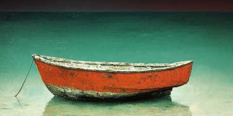 Rustic Orange Boat on Tranquil Water

    