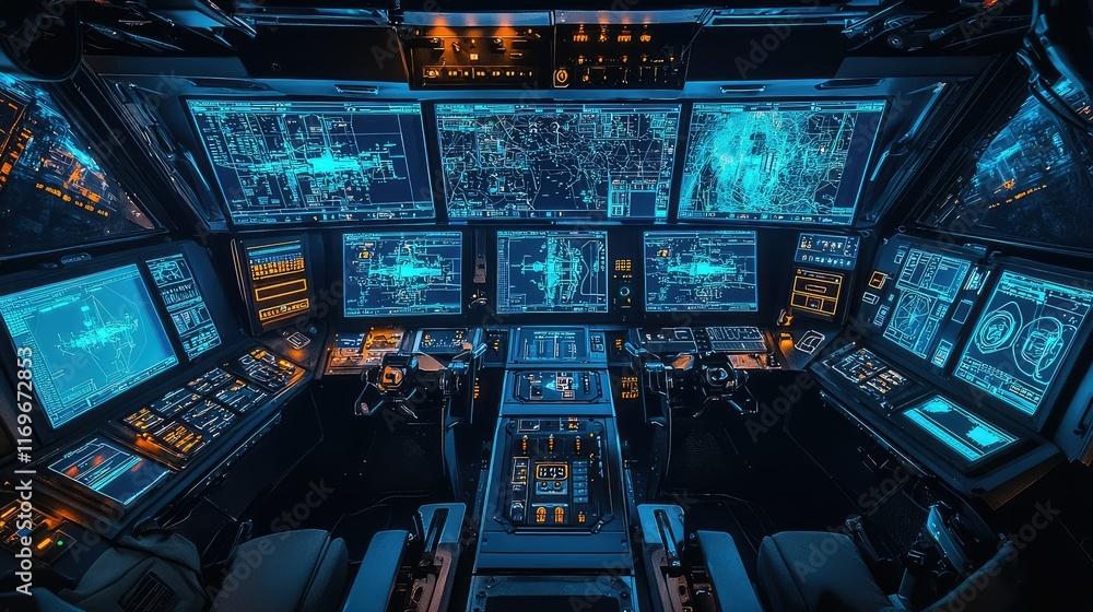 Poster futuristic control room with high-tech displays and interfaces