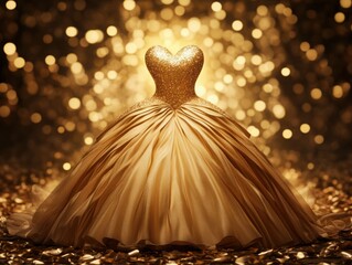 Exquisite Golden Evening Dress with Sparkling Heart Bodice on Shimmering Background, Captivating Glamour for Fashion Events and Celebrations