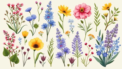 Vibrant Botanical Collection, Watercolor Style Flower Illustrations