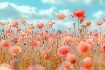 Obraz premium Vivid summer poppy plantation creates beautiful abstract background in bright dayligh