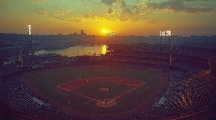 Sunset over a baseball stadium during a game.