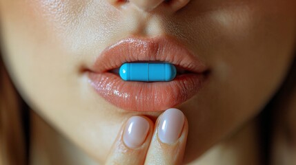 Naklejka premium Close-up of Woman with Blue Capsule on Lips