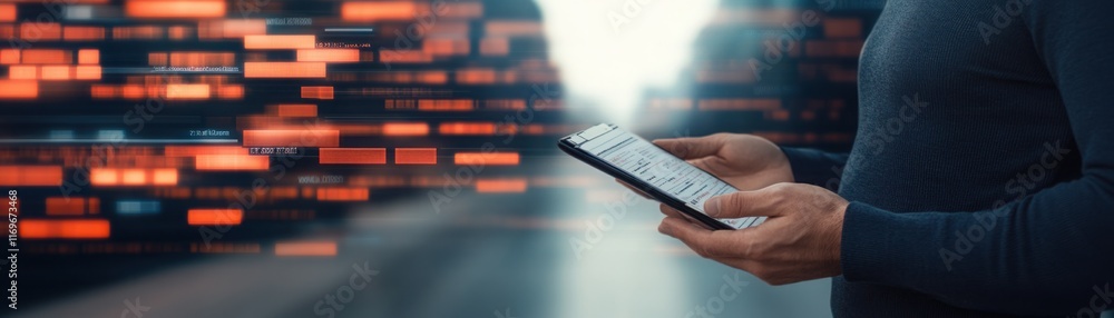 Aufkleber hands holding smartphone with digital interface overlay, modern technology, user interaction with fu