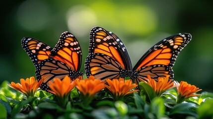 Fototapeta premium Two monarch butterflies on orange flowers.
