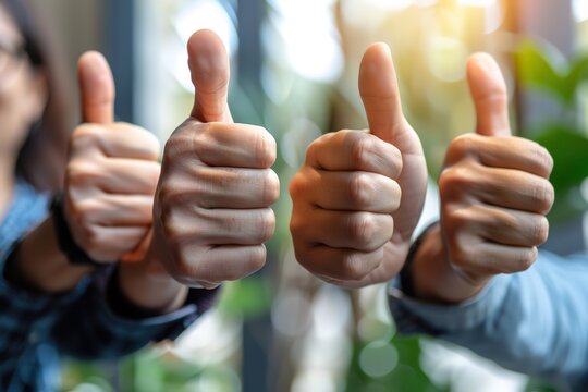 Thumbs up with hands of a business team or group giving their approval, saying thank you or giving motivation together in their office at work. Corporate professionals supporting with trust