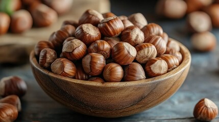Obraz premium Freshly Harvested Hazelnuts in Wooden Bowl