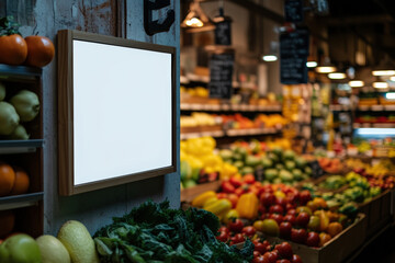  A blank white A3 poster hanging on the wall of a grocery food store, with fruit on the shelves in the background, photo-realistic, cinematic lighting, hyper-detailed, supermarket