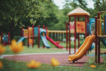 Colorful playground equipment, green park, blurry flowers.
