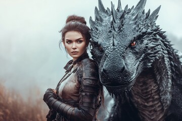 A skilled dragon rider stands proudly next to her enormous black dragon in a misty setting
