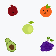 A set of fruit icons mandarin apple, avocado, pomegranate, grapes