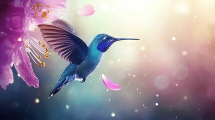 Obraz premium Hummingbird near pink flowers, on purple-pink background with radiant wing lights