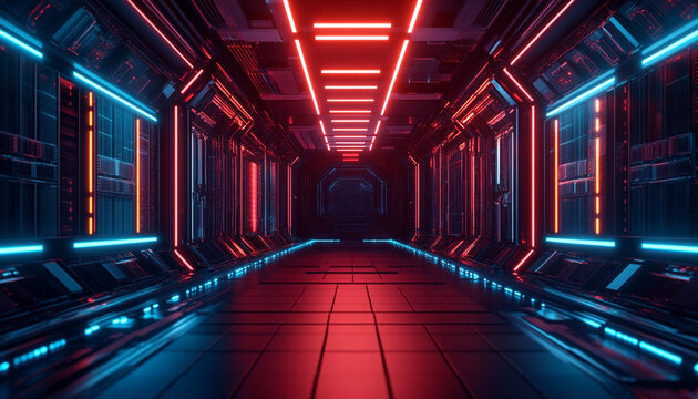 Digital transformation. A futuristic hallway illuminated by vibrant neon lights, featuring a sleek, modern design and a symmetrical layout that creates a sense of depth and intrigue.