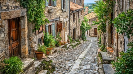 Fototapeta premium Charming Cobblestone Street in Quaint Village Surrounded by Greenery