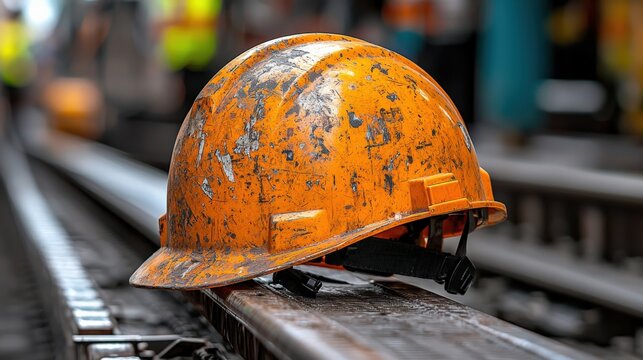 Worn Orange Hard Hat on Train Tracks